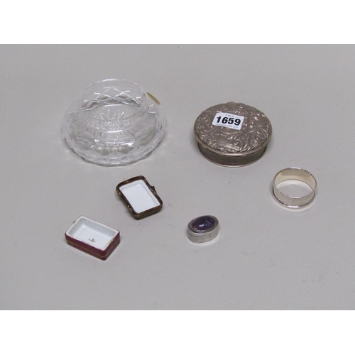 1659 - SILVER TOP CUT GLASS JAR, SILVER NAPKIN RING, ENAMEL BOX AND COVER ETC