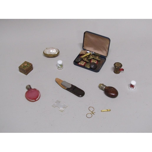 1785 - COLLECTION OF MILITARY BUTTONS PLUS SCENT BOTTLES, THIMBLES ETC