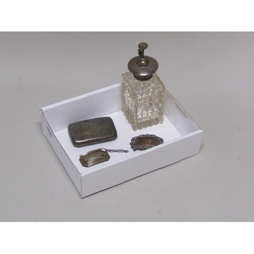 1826 - SILVER TOPPED ATOMISER, SILVER CIGARETTE CASE, TWO SILVER BOTTLE LABELS