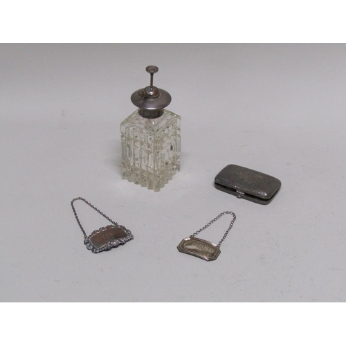 1826 - SILVER TOPPED ATOMISER, SILVER CIGARETTE CASE, TWO SILVER BOTTLE LABELS