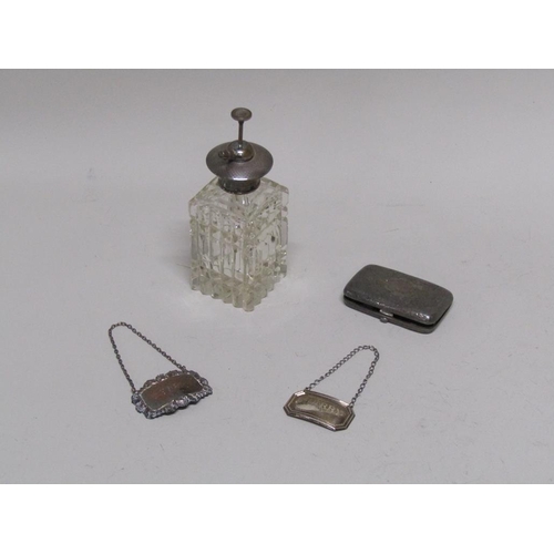 1826 - SILVER TOPPED ATOMISER, SILVER CIGARETTE CASE, TWO SILVER BOTTLE LABELS