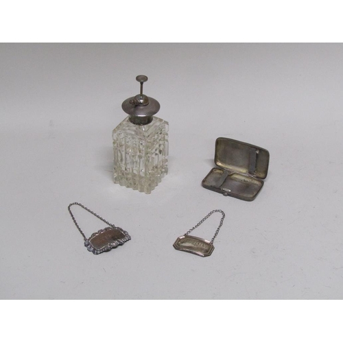 1826 - SILVER TOPPED ATOMISER, SILVER CIGARETTE CASE, TWO SILVER BOTTLE LABELS