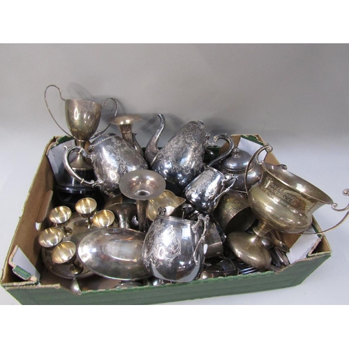 1852 - BOX OF MIXED SILVER PLATE TO INC. TEAWARES, TROPHY CUPS ETC