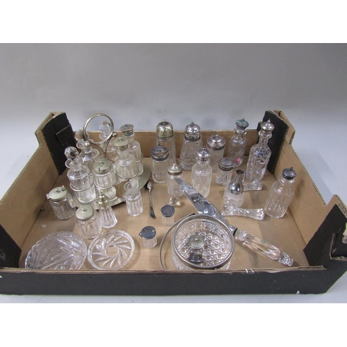 1880 - BOX OF MIXED SILVER PLATED CRUETS, SILVER PLATE TOPPED CUT GLASS SHAKERS ETC