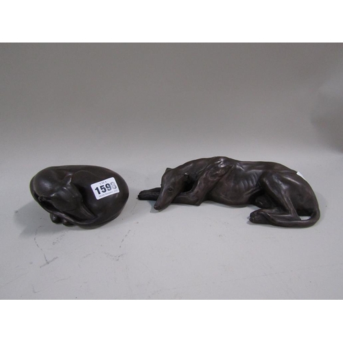 1598 - TWO PATINATED BRONZE FIGURE GROUPS OF GREYHOUNDS RESTING, SIGNED ALAN R JOHNSON