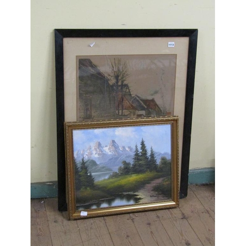 1113 - COLL. OF TWO GILT FRAMED OILS, MOUNTAINOUS OIL PAINTING & FRAMED PRINT