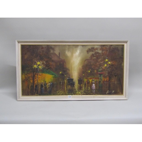 1137 - GLENN - NIGHT TIME STREET SCENE WITH HORSE AND CARRIAGE, SIGNED OIL ON CANVAS, FRAMED