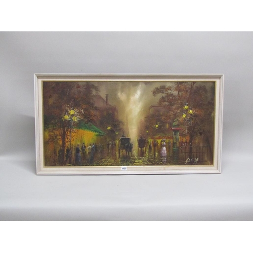 1137 - GLENN - NIGHT TIME STREET SCENE WITH HORSE AND CARRIAGE, SIGNED OIL ON CANVAS, FRAMED