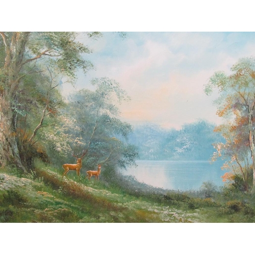 1149 - R DANFORD - TWO DEER ON THE BANKS OF A LAKE, SIGNED OIL ON CANVAS, FRAMED