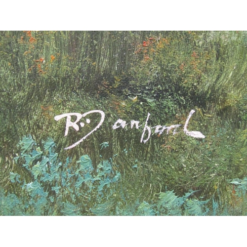 1149 - R DANFORD - TWO DEER ON THE BANKS OF A LAKE, SIGNED OIL ON CANVAS, FRAMED