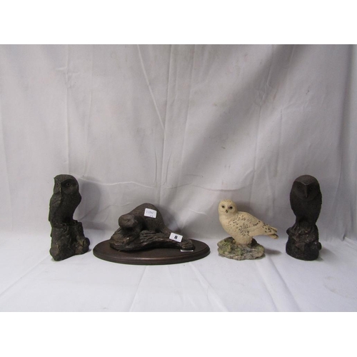 8 - THREE OWL FIGURES, OTTER FIGURE