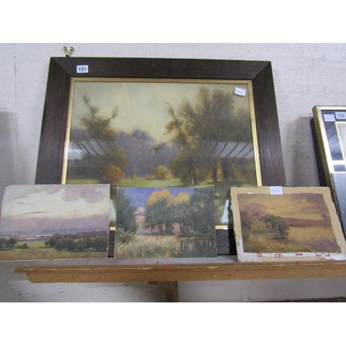 121 - OAK FRAMED PRINT AND THREE SMALL WATERCOLOURS