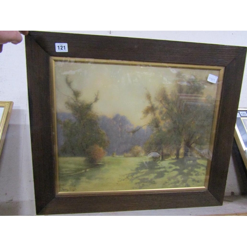 121 - OAK FRAMED PRINT AND THREE SMALL WATERCOLOURS