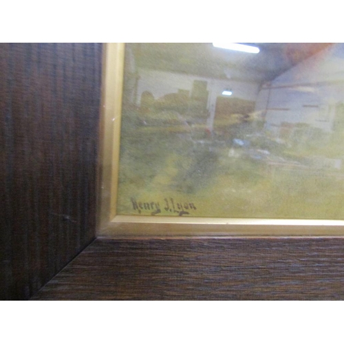 121 - OAK FRAMED PRINT AND THREE SMALL WATERCOLOURS