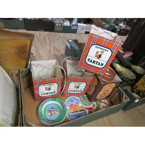 140 - BOX OF ALCOHOL RELATED ITEMS INC LAMPSHADES