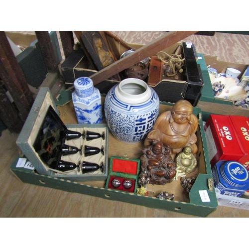 142 - ORIENTAL BLUE AND WHITE JARS, ORIENTAL FIGURES ETC