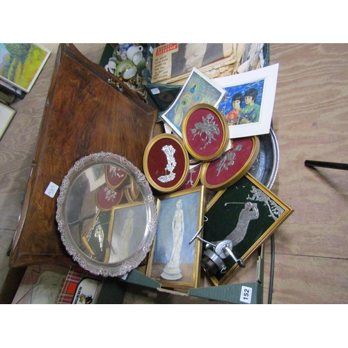 152 - BOX OF TRAYS, PICTURES, ETC
