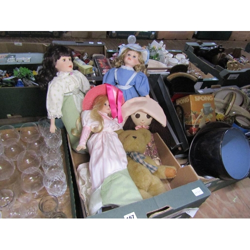 167 - BOX OF DOLLS AND TEDDY