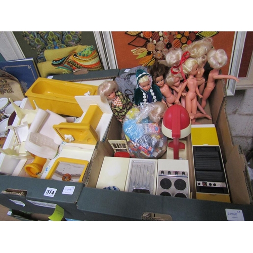 314 - TWO BOXES OF DOLLS AND ACCESSORIES TO INCL SINDY