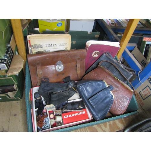 211 - BOX OF HANDBAGS, SATCHELS AND SEWING EQUIPMENT