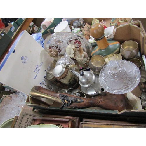 230 - BOX OF FIGURINES, TANKARDS, GLASS ETC