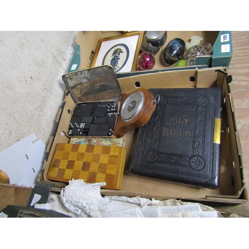 104 - BOX OF GAMES, BAROMETER, BIBLE ETC