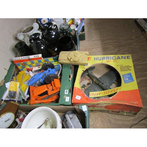 109 - BOX OF TOYS - MECCANO, RAF HURRICANE ETC