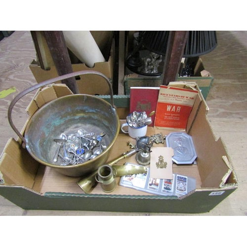 156 - BOX OF MISC TO INCL SOUVENIR SPOONS, JAM PAN, MILITARY ITEMS ETC