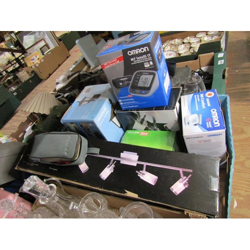 202 - BOX OF MISC. TO INCL BLOOD PRESSURE MONITORS, LIGHTS ETC