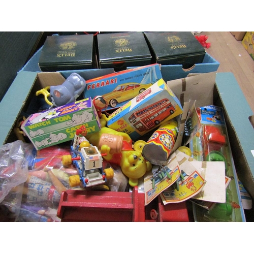 206 - BOX OF MIXED TOYS, CARS, DOLLS ETC