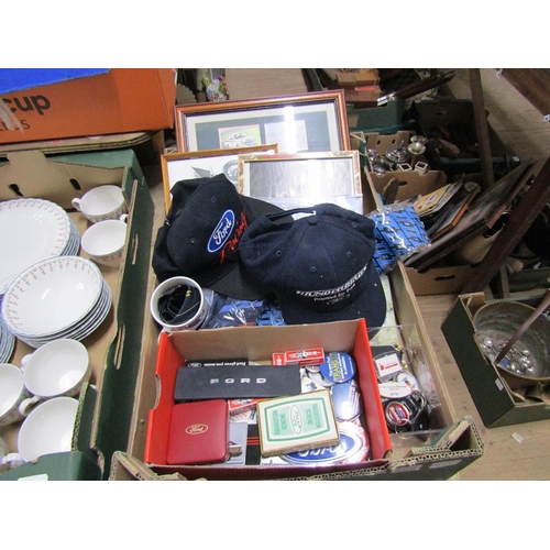 209 - BOX - FORD MEMORABILIA, KEYRINGS, CARDS, CAPS, PICTURES ETC