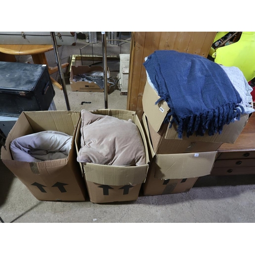 832 - FOUR BOXES OF CUSHIONS, THROWS, DUVETS ETC