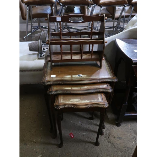 887 - NEST OF LEATHER TOP TABLES AND A MAGAZINE RACK