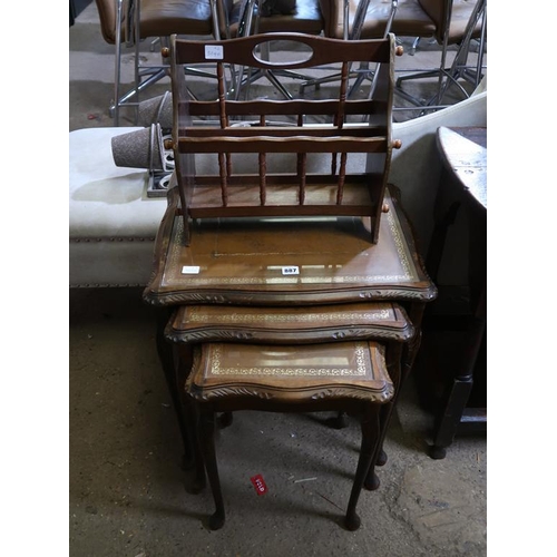 887 - NEST OF LEATHER TOP TABLES AND A MAGAZINE RACK