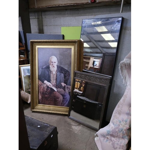 914 - LARGE GILT FRAMED PICTURE, AND TWO MIRRORS