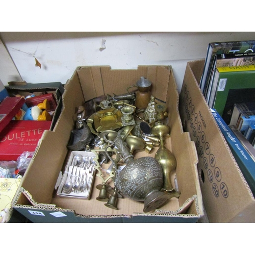 344 - BOX OF BRASSWARE, SILVER PLATE