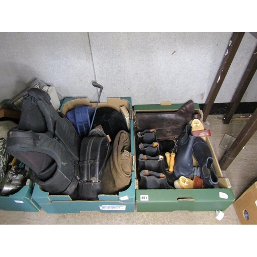 351 - TWO BOXES OF HORSE RIDING EQUIPMENT AND BOOTS