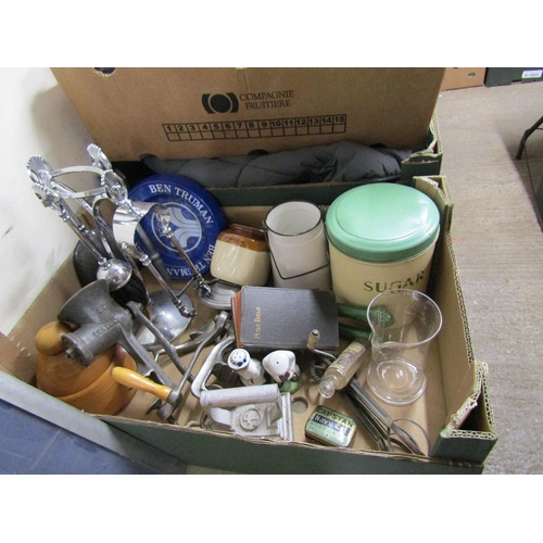 379 - BOX OF MISC TO INCL IRONS, MINCER, ETC