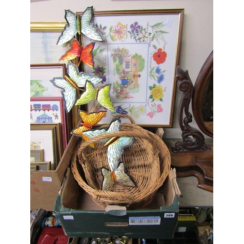 386 - BOX OF MISC TO INCL WICKER BASKET, BUTTERFLY ORNAMENTS ETC