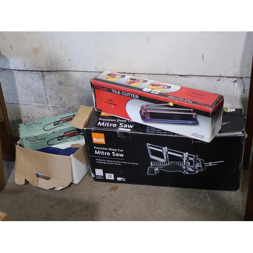 624 - TILE CUTTER, MITRE SAW, FOOT PUMP ETC