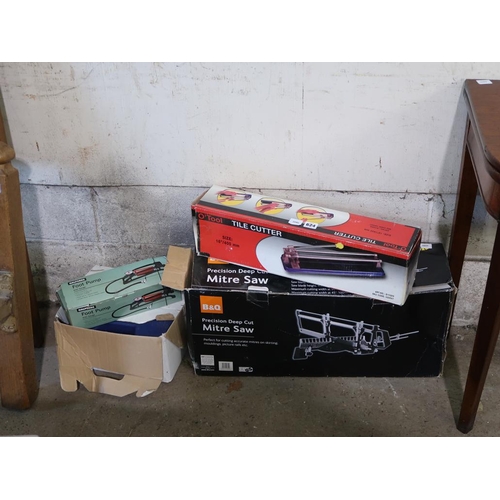 624 - TILE CUTTER, MITRE SAW, FOOT PUMP ETC