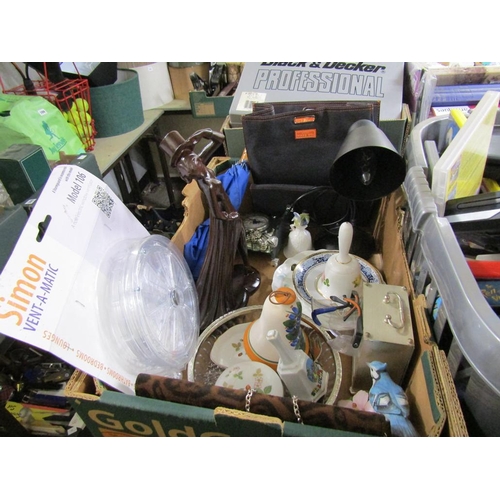 467 - BOX OF MIXED CHINA, CLOCKS, LIGHTING