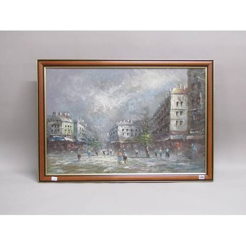 1205 - SIGNED INDISTINCTLY - PARISIAN STREET VIEW, OIL ON CANVAS, FRAMED