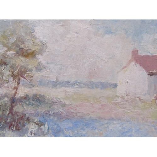 1219 - D.F BANCROFT - SUMMER LAKE & COTTAGE IN A LANDSCAPE, SIGNED AND DATED OIL ON BOARDS, FRAMED