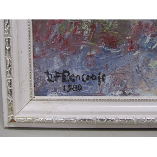 1219 - D.F BANCROFT - SUMMER LAKE & COTTAGE IN A LANDSCAPE, SIGNED AND DATED OIL ON BOARDS, FRAMED