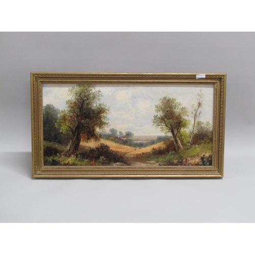 1223 - UNSIGNED LATE 19C/EARLY 20C - PAIR, LANDSCAPES WITH CHURCH SPIRES & CORNFIELD, OIL ON CANVAS, BOTH F... 