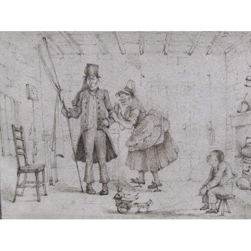 1228 - TWO LATE 18C/EARLY 19C - B&W SKETCHES, INTERIOR SCENE & ARRIVAL OF A LANDLORD, F/G