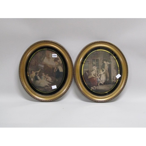 1247 - TWO FRAMED OVAL VICRTORIAN COLOURED PRINTS - THE PICNIC & GREETING FATHER