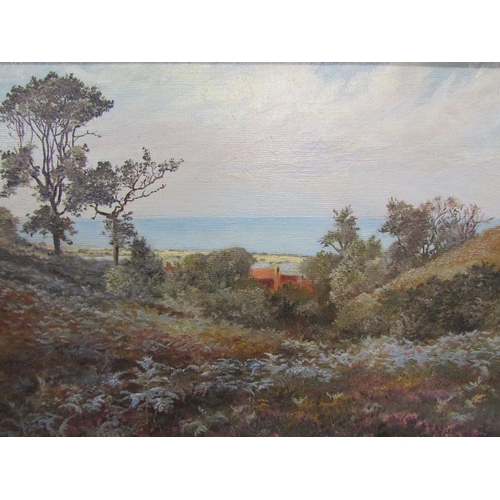 1249 - SIGNED INDISTINCTLY - SUMMER TIME LANDSCAPE WITH DISTANT SEA, OIL ON CANVAS, FRAMED