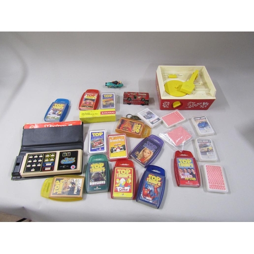 1279 - BOX OF TOP TRUMPS, FISHER PRICE MUSICAL BOX RECORD PLAYER